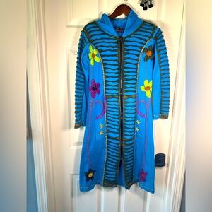 Nepal Hippie Embroidered Tunic Long Zip up Hoodie Natural Womens Size Small